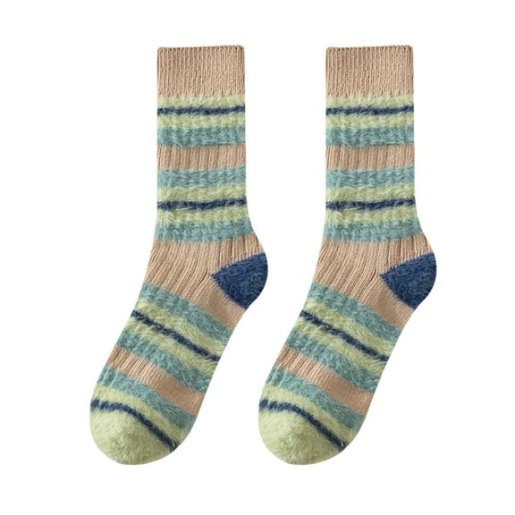HUANLEDASH 1 Pair Women Fall Winter Socks Mid-tube Anti-slip Contrast Color Thick Striped High Elasticity Sweat Absorption Adult Daily Socks Sport Socks