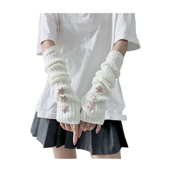HUANLEDASH 1 Pair Women Gloves Lolita Style Fingerless Knitted Star Patchwork Cool Girl Streetwear JK Party Arm Sleeves Warm Thick Winter Arm Covers