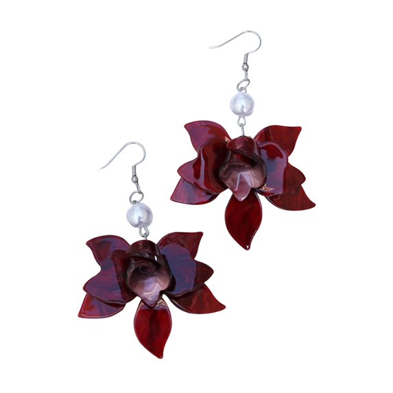 HUANLEDASH 1 Pair Women Hanging Earrings Flower Shape Faux Pearl Decor Bohemian Style Water Wave Print Lady Hook Earrings Prom Beach Dangle Earrings