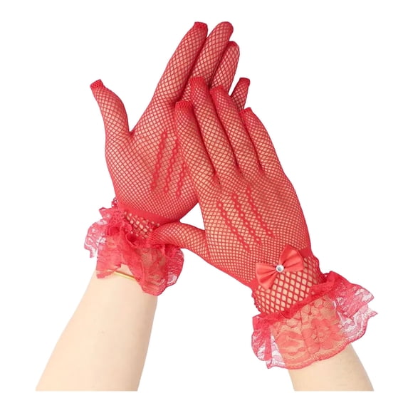HUANLEDASH 1 Pair Women Prom Gloves See-through Lace Bow Rhinestone Decor Hollow Out Fishnet Ruffle Edge Thin Full Finger Performances Bride Wedding Glove