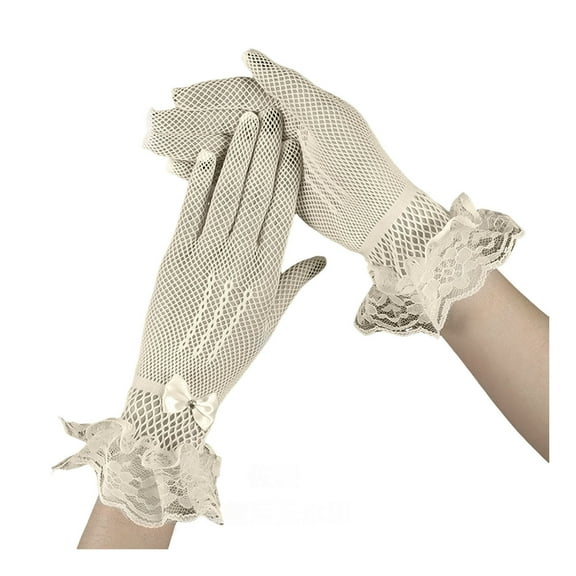 HUANLEDASH 1 Pair Women Prom Gloves See-through Lace Bow Rhinestone Decor Hollow Out Fishnet Ruffle Edge Thin Full Finger Performances Bride Wedding Glove