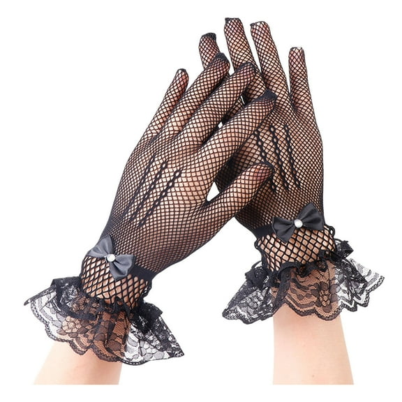 HUANLEDASH 1 Pair Women Prom Gloves See-through Lace Bow Rhinestone Decor Hollow Out Fishnet Ruffle Edge Thin Full Finger Performances Bride Wedding Glove