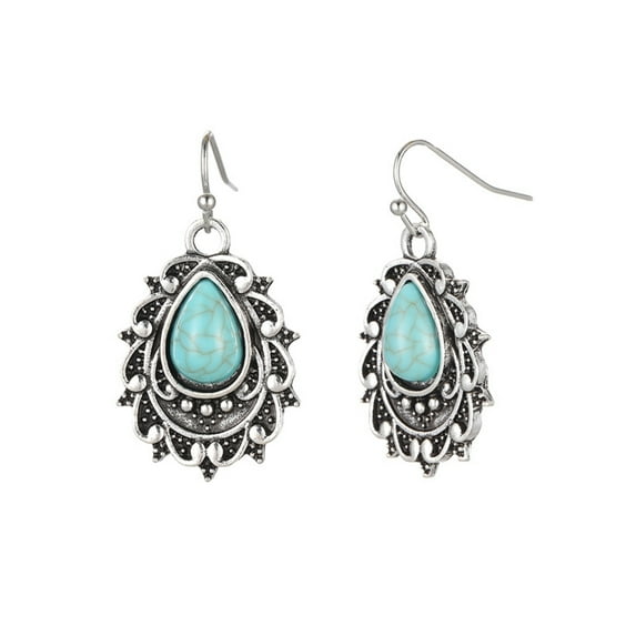HUANLEDASH 1 Pair Women Retro Hook Earrings Engraved Design Boho Faux Turquoise Dangle Earrings Vintage Ethnic Style Earrings Jewelry Gift