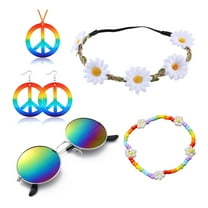 HUANLEDASH 1 Set Women Costume Accessory Set Peace Sign Flower Beaded Decor Vintage 60s 70s Disco Party Favors Cosplay Earrings Sunglasses Necklace Headband Set