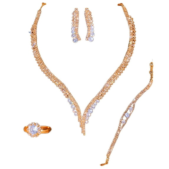 HUANLEDASH 1 Set Women Jewelry Set Luxury Elegant Shiny Full Rhinestones Inlaid Sparkling Dress Up Gift Simple Bridal Necklace Bracelet Earrings Ring Set Wedding Supplies