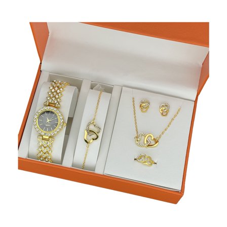 HUANLEDASH 1 Set Women Jewelry Set with Gift Box Complete Collection of Quartz Watch Necklace Bracelet Ring Earrings Set Rhinestone Golden Jewelry