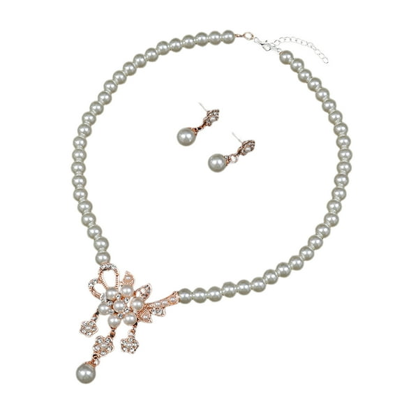 HUANLEDASH 1 Set Women Necklace Beaded Glossy Faux Pearls Rhinestone Embedded Flower Bride Necklace Stud Earrings Kit Wedding Jewelry