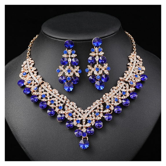 HUANLEDASH 1 Set Women Necklace Earrings Set Green Rhinestone Color Matching Symmetric Hollow Out Anti-allergy Luxury Hanging Earrings Bridal Wedding Prom Jewelry Set