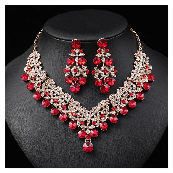 HUANLEDASH 1 Set Women Necklace Earrings Set Green Rhinestone Color Matching Symmetric Hollow Out Anti-allergy Luxury Hanging Earrings Bridal Wedding Prom Jewelry Set
