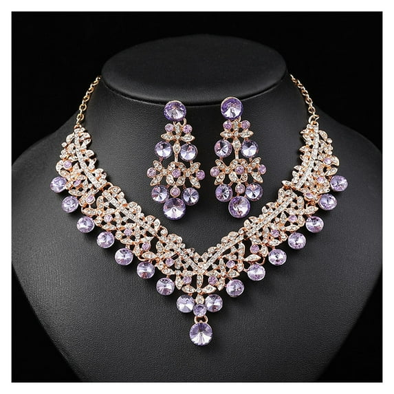 HUANLEDASH 1 Set Women Necklace Earrings Set Green Rhinestone Color Matching Symmetric Hollow Out Anti-allergy Luxury Hanging Earrings Bridal Wedding Prom Jewelry Set