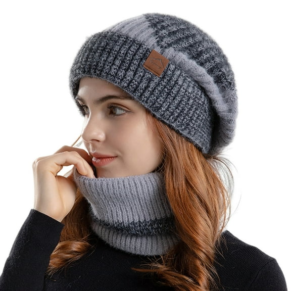 HUANLEDASH 2 Pcs/Set Men Winter Hat Neck Warmer Thick Knit Stretchy Contrast Color Ear Protection Keep Warm Daily Wear Dome Cap Outdoor Skiing Skating Headwear