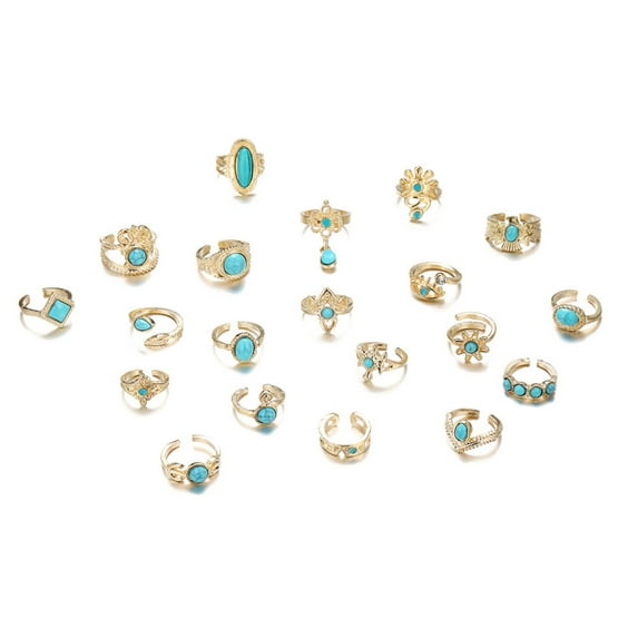 HUANLEDASH 20Pcs/Set Vintage Bohemian Open End Adjustable Ring Set Crown Eagle Shape Faux Turquoise Knuckle Rings Fashion Jewelry Gift