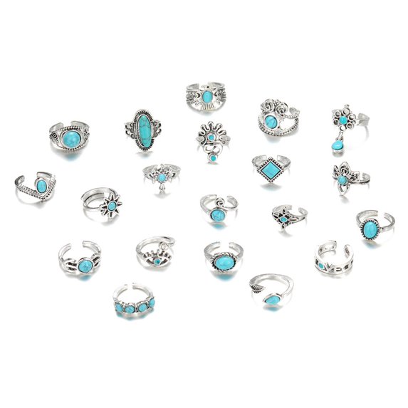 HUANLEDASH 20Pcs/Set Vintage Bohemian Open End Adjustable Ring Set Crown Eagle Shape Faux Turquoise Knuckle Rings Fashion Jewelry Gift