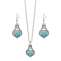 HUANLEDASH 2Pcs/Set Ethnic Style Faux Turquoise Necklace Earrings Set Women Shining Rhinestones Inlaid Pendant Necklace Hook Earrings Jewelry Set