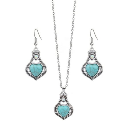 HUANLEDASH 2Pcs/Set Ethnic Style Faux Turquoise Necklace Earrings Set Women Shining Rhinestones Inlaid Pendant Necklace Hook Earrings Jewelry Set