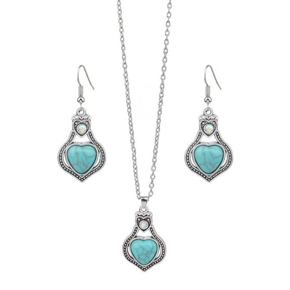HUANLEDASH 2Pcs/Set Ethnic Style Faux Turquoise Necklace Earrings Set Women Shining Rhinestones Inlaid Pendant Necklace Hook Earrings Jewelry Set
