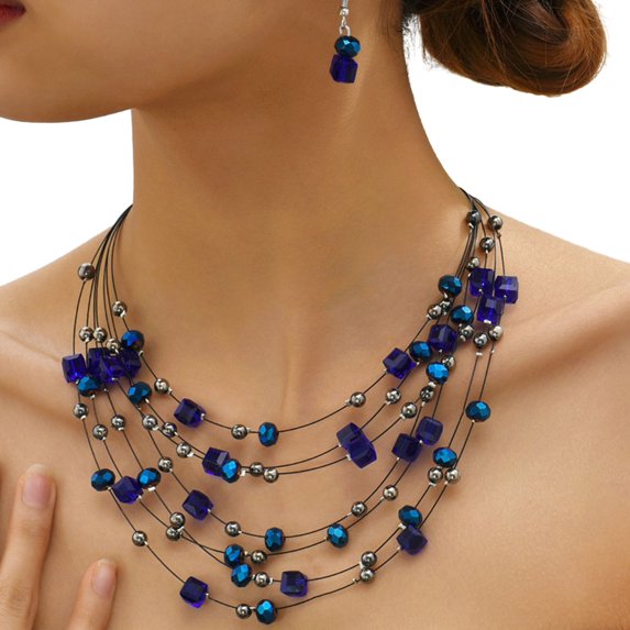 HUANLEDASH 2Pcs/Set Exaggerated Bohemian Ethnic Style Necklace Earring Set Artificial Crystal Beaded Multi-layered Necklace Hook Earrings Set Jewelry Gift