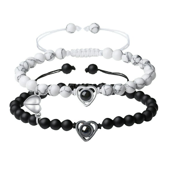 HUANLEDASH 2Pcs/Set His Her Matching Bracelets Projection 100 Languages I Love You Couple Bracelets Heart Pairing Adjustable Beads Bracelets Jewelry Gift
