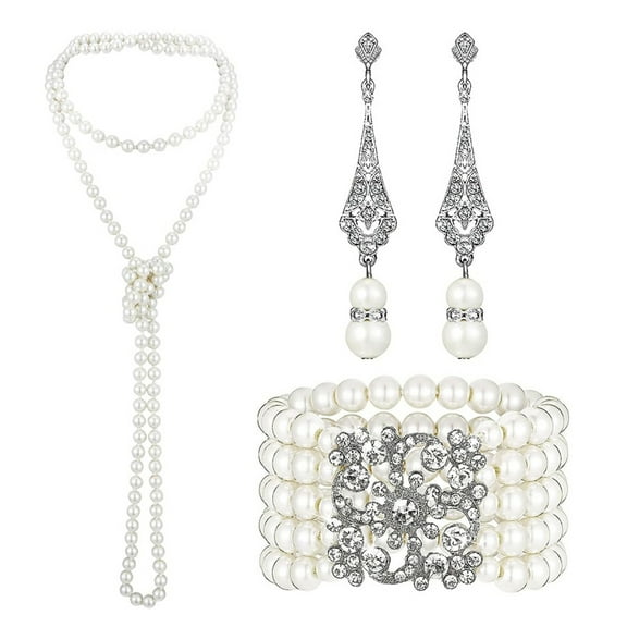 HUANLEDASH 3 Pcs/Set Faux Pearl Jewelry Set 1920s Vintage Luxury Style Multi-layered Celebrity Star Formal Party Banquet Wedding Jewelry Necklace Earrings Bracelet Set