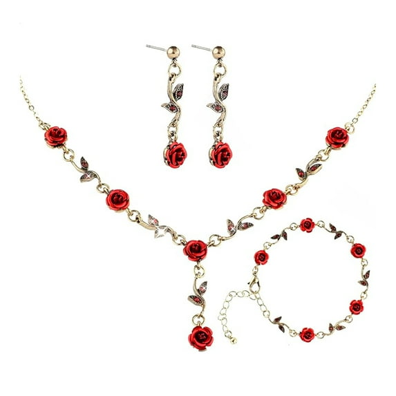 HUANLEDASH 3 Pcs/Set Red Rose Jewelry Set Floral Theme Romance Vintage France Style Valentines Day Mothers Day Present Earrings Adjustable Rhinestone Necklace Bracelet Prom Banquet Jewelry