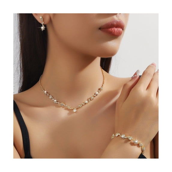 HUANLEDASH 3 Pcs/Set Women Jewelry Set Rhinestone Choker Hanging Earrings Bracelet Set Adjustable Extension Chain Prom Party Bride Wedding Jewelry