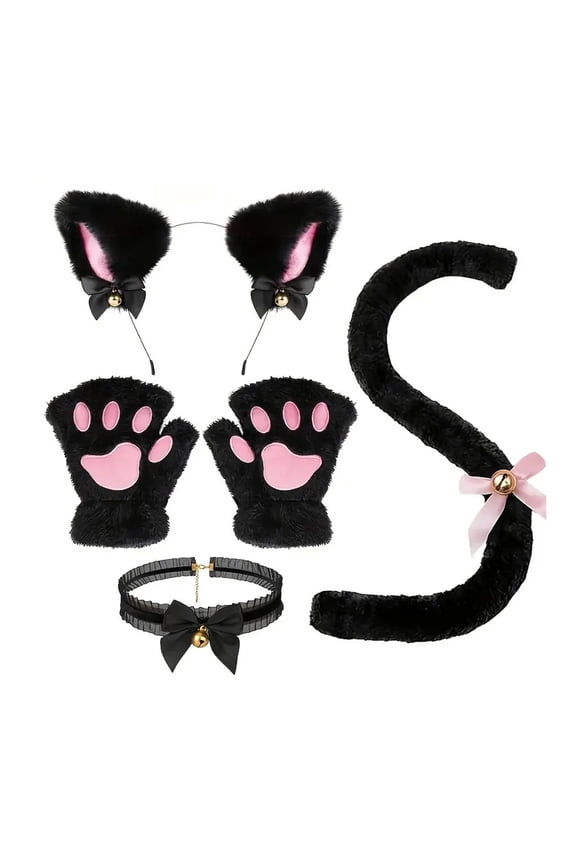 4Pcs/Set Cat Costume Cosplay Accessories Set Plush Material Cat Ear Headband Bell Necklace Claw Gloves Tail Set