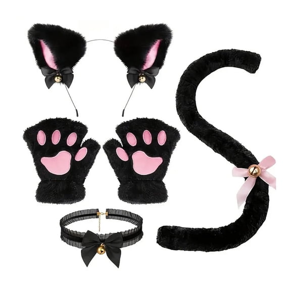 HUANLEDASH 4Pcs/Set Cat Costume Cosplay Accessories Set Plush Material Cat Ear Headband Bell Necklace Claw Gloves Tail Set