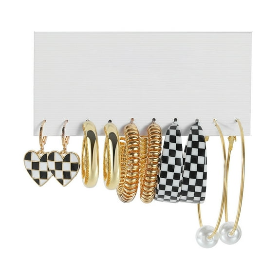 HUANLEDASH 5 Pairs Drop Earrings Geometric Black White Checkerboard Butterflies Faux Pearl Love Heart Women Hoop Earrings Fashion Jewelry