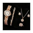 thumbnail image 1 of HUANLEDASH 5Pcs/Set Women Luxury Shiny Rhinestone Jewelry Set Round Dial Quartz Watch Charm Necklace Stud Earrings Finger Ring Set, 1 of 1