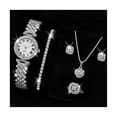 thumbnail image 1 of HUANLEDASH 5Pcs/Set Women Luxury Shiny Rhinestone Jewelry Set Round Dial Quartz Watch Charm Necklace Stud Earrings Finger Ring Set, 1 of 1