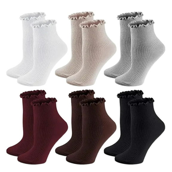 HUANLEDASH 6 Pairs Women Socks Ruffle Edge Solid Color Anti-slip High Elasticity Ankle Length Low-cut Daily Sport Socks Great Gift for Mom Wife Daughter