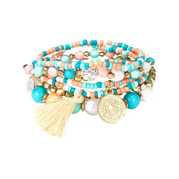 HUANLEDASH Bohemia Style Bracelet Women Multi-color Beads Tassel Decor Bracelet Women Multilayer Boho Stretch Bangle Wrist Accessory