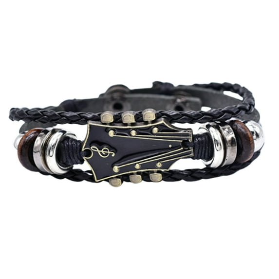 HUANLEDASH Braided Guitar Bracelet Zinc Alloy Adjustable Buckle Manual Woven Faux Leather 3-layered Punk Retro Wrist Jewelry