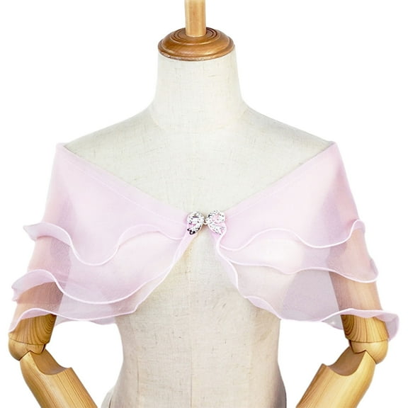 HUANLEDASH Bridal Shawl See-through Mesh Rhinestone Bow Buckle V Neck Three-layered Romantic Soft Lightweight Lady Wedding Party Prom Shawl