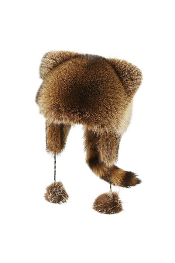 Children Winter Hat with Drawstring And Plush Ball Thick Faux Fur Cartoon Racoon Elastic Unisex Pure Color Headwear Outdoor Activities Cap