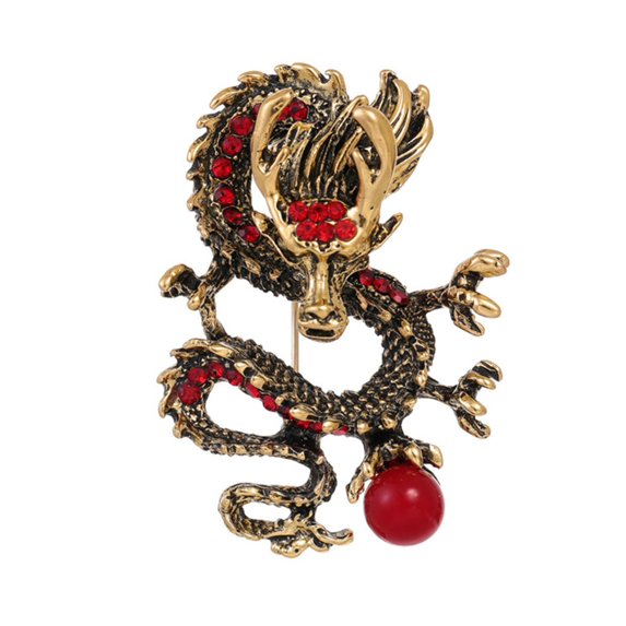 HUANLEDASH Chinese Style Brooch Men Enamel Dragon Shape Faux Pearl Pin Clothing Coat Badge Jewelry Party Accessories