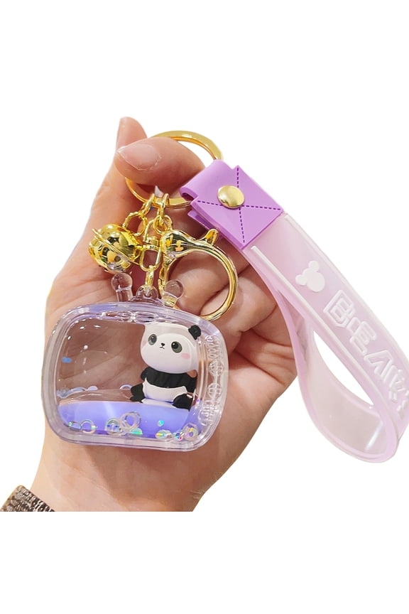 Clear Acrylic Quicksand Panda Keychain Bell Decor House Keys Keyring with Lanyard Doll Handbag Decoration