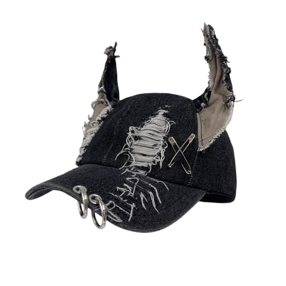 HUANLEDASH Dark Punk Style Denim Baseball Hat Adjustable Distressed Design Denim Cap with Metal Rings 3D Bunny Ears Streetwear Accessory