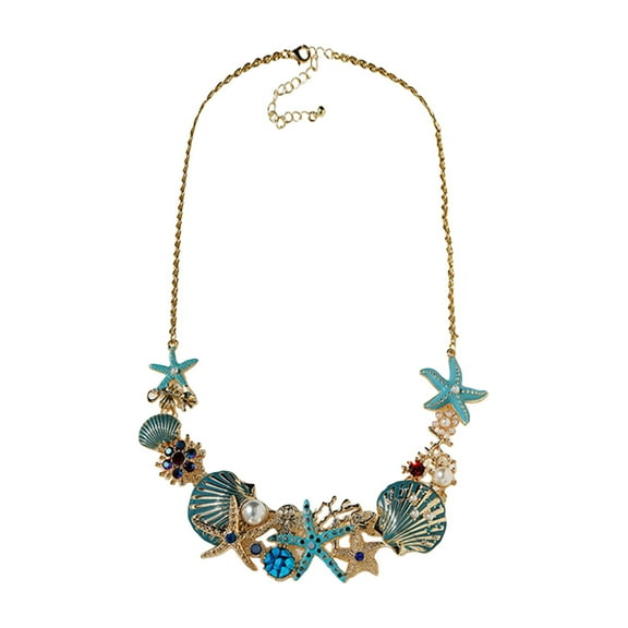 HUANLEDASH Exaggerated Women Necklace Ocean Theme Starfish Coral Shell Faux Pearl Rhinestone Decor Adjustable Length Lady Vacation Beach Neck Jewelry