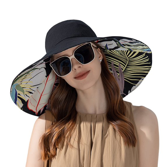 HUANLEDASH Extra Large Brim Double Sides Wearing Fisherman Hat Anti-UV Round Dome Women Summer Solid Color Print Sun Hat Fashion Accessories