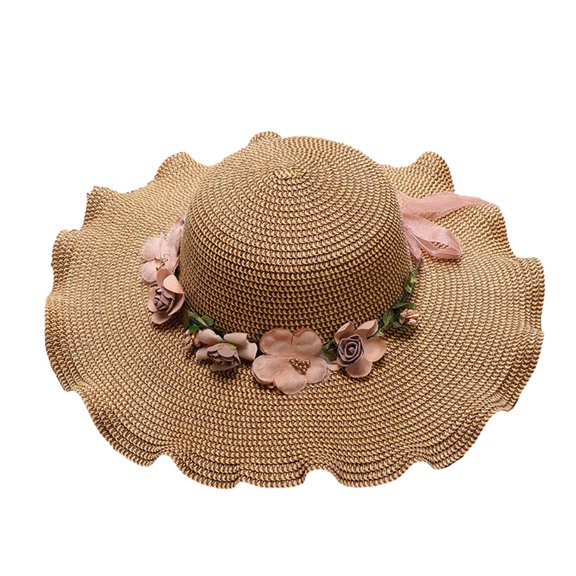 HUANLEDASH Flower Decor Lace-up Bowknot Sun Hat Round Dome Sweat Absorption Band Thin Women Big Wave Brim Floppy Straw Hat Fashion Accessories