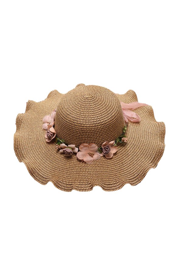 Flower Decor Lace-up Bowknot Sun Hat Round Dome Sweat Absorption Band Thin Women Big Wave Brim Floppy Straw Hat Fashion Accessories