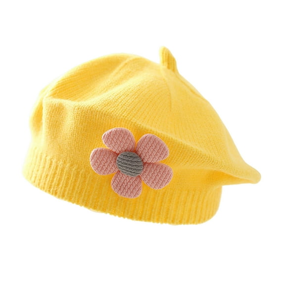 HUANLEDASH Girls Winter Hat Flower Decor Knitted Elastic Anti-slip Children Painter Cap Photo Prop Daily Outdoor Travel School Shopping Headwear