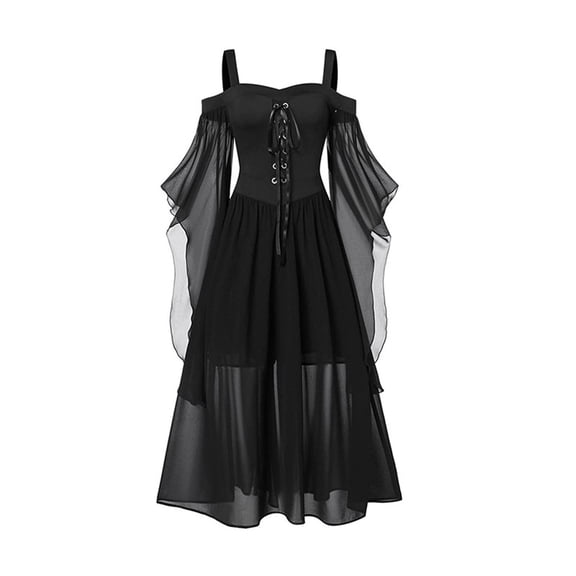 HUANLEDASH Halloween Maxi Dress Women Renaissance Vintage Off Shoulder Chiffon Long Dress Square Neck A-line Silhouette Strappy Costume for Festive Occasions