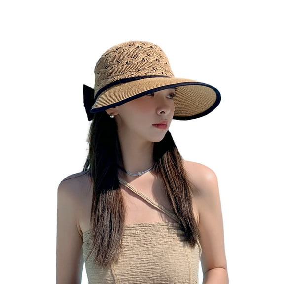 HUANLEDASH Hollow Out Round Dome Straw Hat Back Bowknot Decor Folding Wide Large Brim Pure Color Beach Hat Fashion Accessories