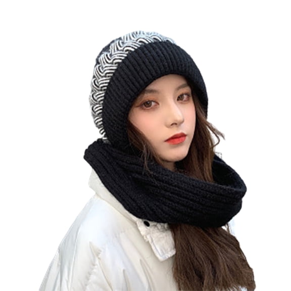 HUANLEDASH Ladies Winter Hat Knitted Thick Color Block Windproof Warm Soft Ear Protection Plush Ball Decor Elastic Anti-slip Beanie Scarf Combo Women Cap