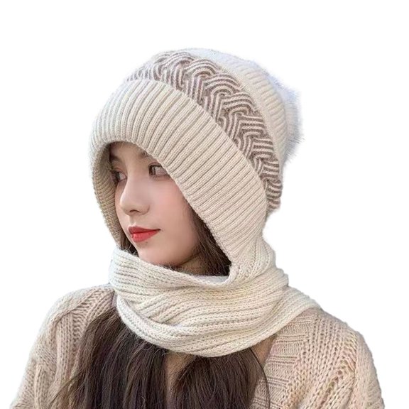 HUANLEDASH Ladies Winter Hat Knitted Thick Color Block Windproof Warm Soft Ear Protection Plush Ball Decor Elastic Anti-slip Beanie Scarf Combo Women Cap