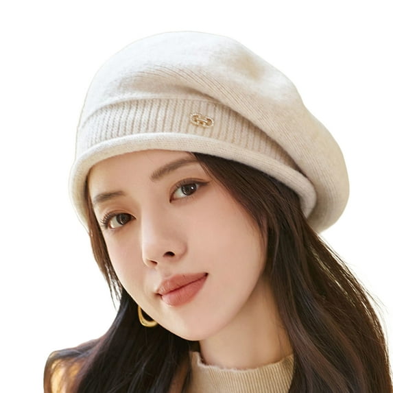 HUANLEDASH Ladies Winter Pile Hat Baggy Knitted Solid Color Elastic Retro Style Women Cap Anti-slip Warm Beret for Outdoor Activities Daily Wear