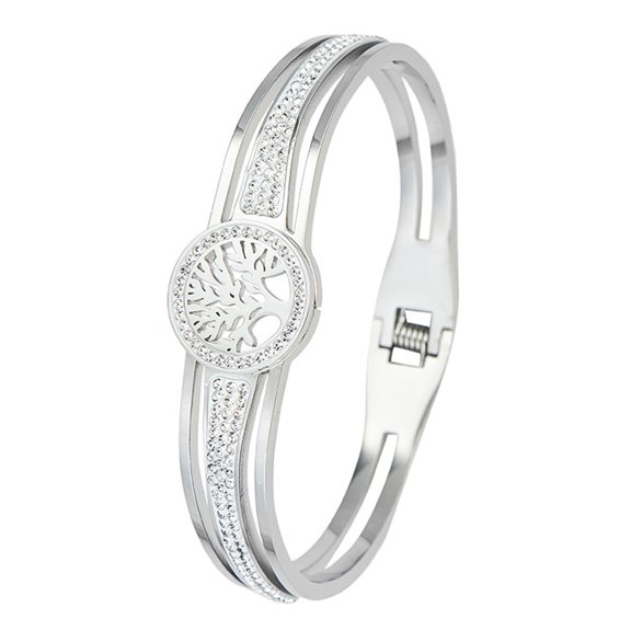 HUANLEDASH Lady Bangle Cubic Zirconia Life Tree Decor Hollow Out Electroplated Titanium Steel Bracelet for Prom Daily Dating Gift for Love Ones