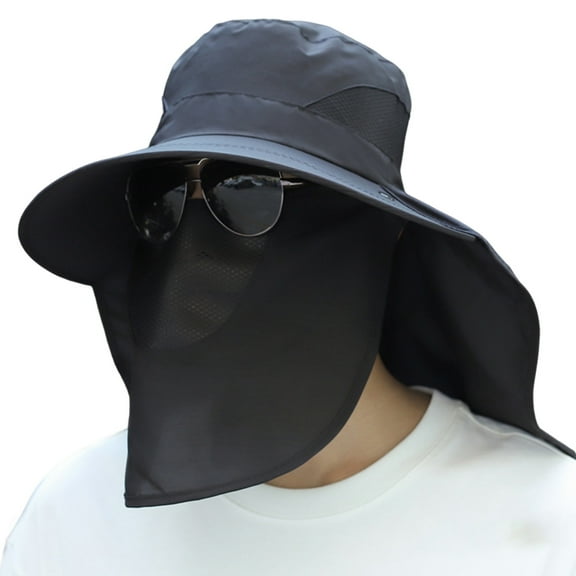 HUANLEDASH Men Fisherman Hat with Face And Neck Cover Large Brim Hollow Mesh Anti-UV Sunscreen Full Cover Great Breathability Outdoor Fishing Travel Cap